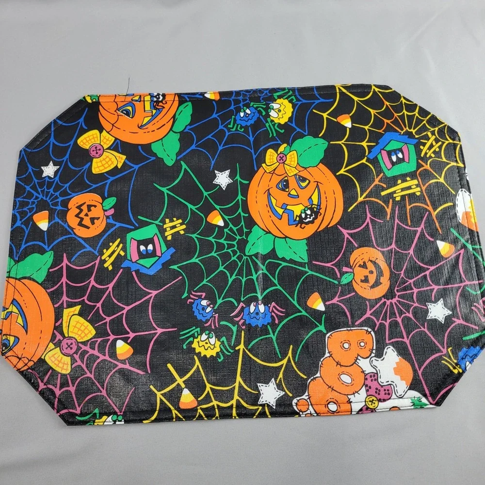 4 Halloween Vinyl Placemat Black Jack o Lantern Pumpkin Ghost Spider Web Vtg